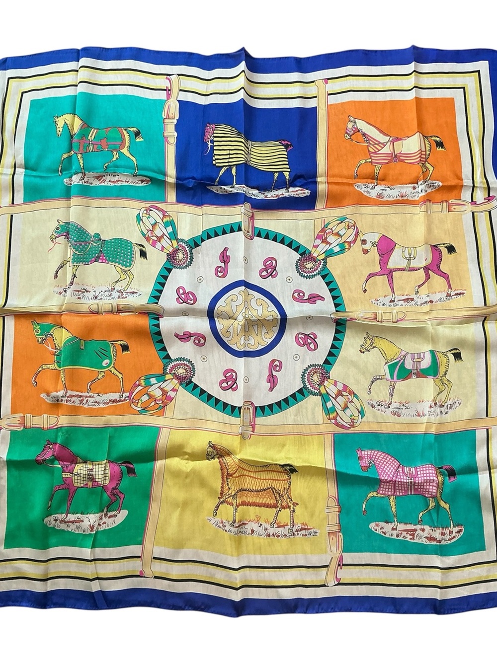 Equestrian detail motif multicolored 100% silk scarf  33x33”